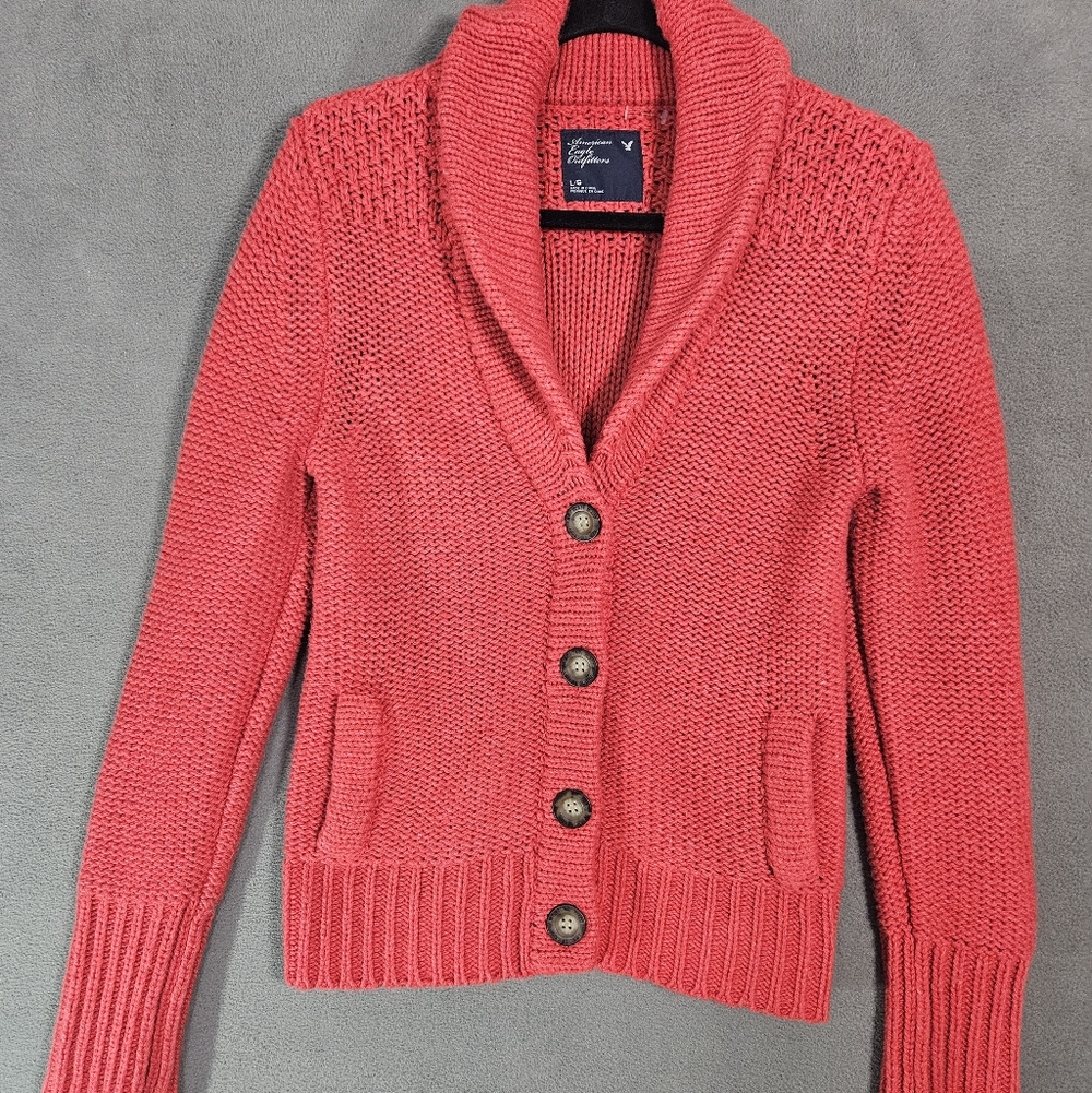 American Eagle Womens L Cowlneck Cardigan Sweater Red Button Up Wool Blend